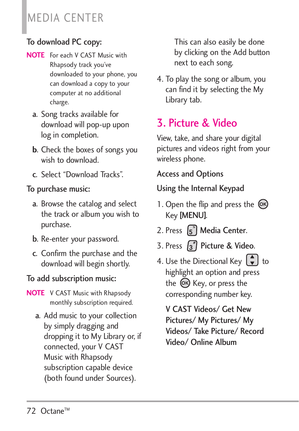 Picture & video, Media center | LG Octane VN530 User Manual | Page 74 / 345