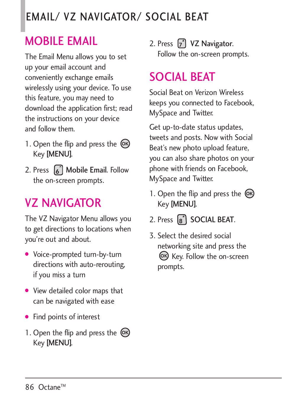 Mobile email, Vz navigator, Social beat | Email/ vz navigator/ social beat | LG Octane VN530 User Manual | Page 88 / 345