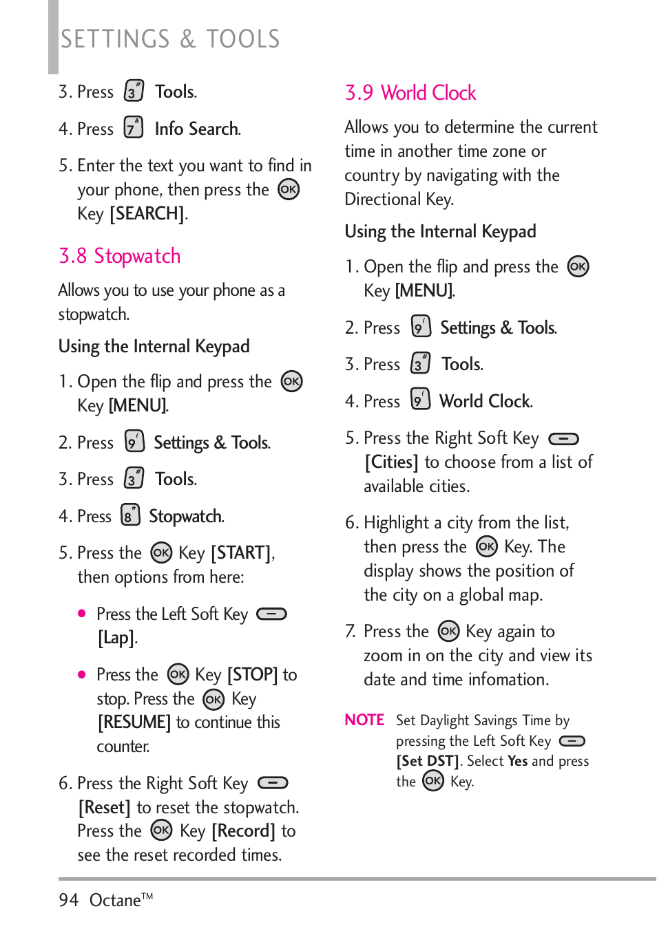 8 stopwatch, 9 world clock, Settings & tools | LG Octane VN530 User Manual | Page 96 / 345