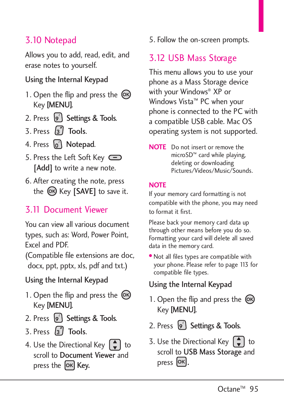 10 notepad, 11 document viewer, 12 usb mass storage | LG Octane VN530 User Manual | Page 97 / 345
