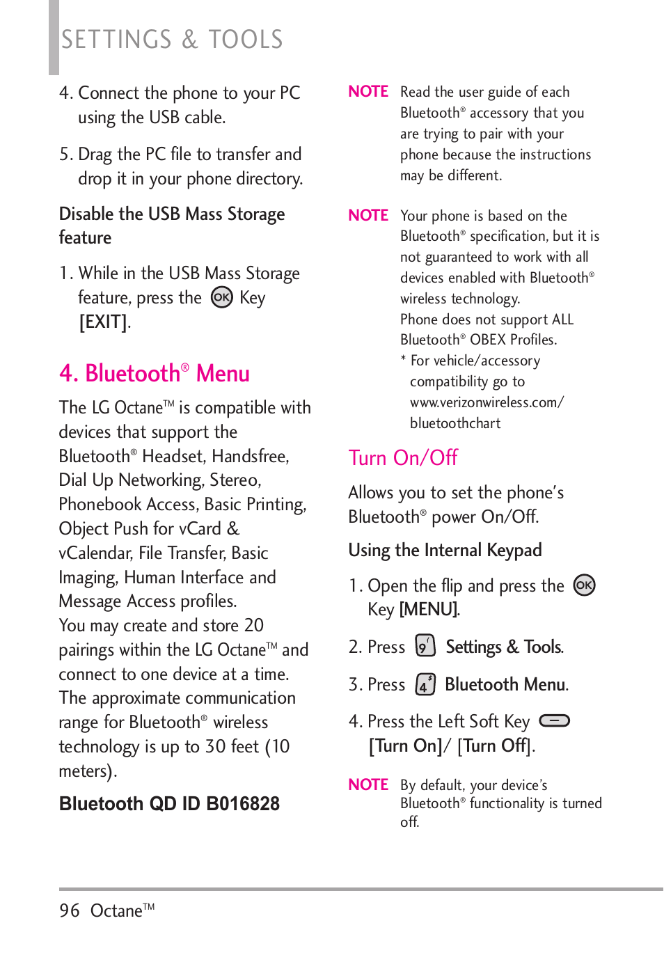 Bluetooth® menu, Bluetooth, Menu | Settings & tools, Turn on/off, Disable the usb mass storage feature, Exit, Using the internal keypad, Bluetooth menu, Turn on | LG Octane VN530 User Manual | Page 98 / 345