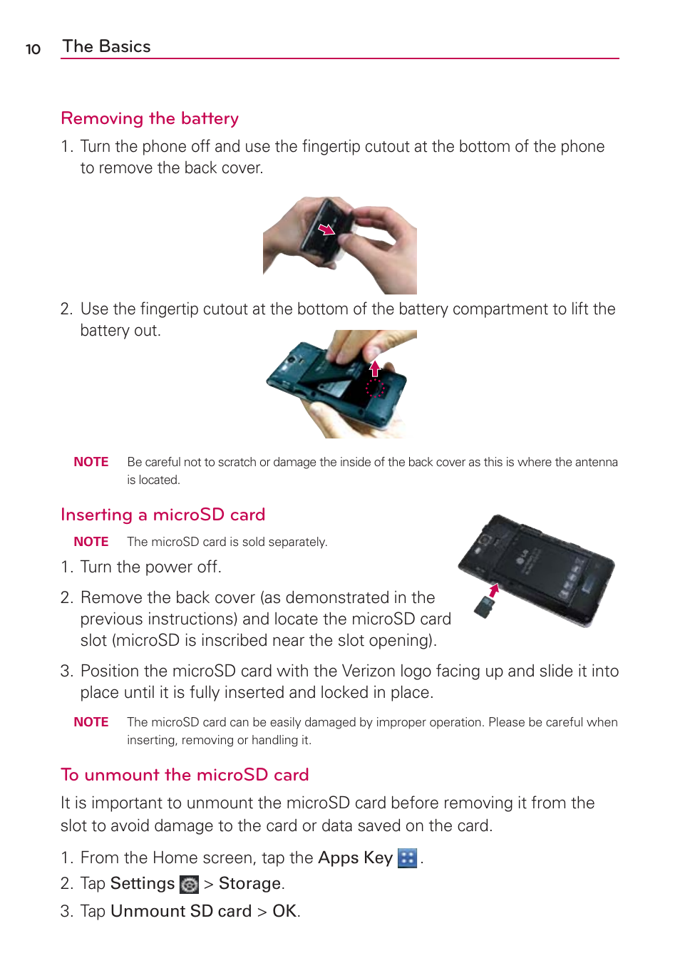 The basics removing the battery, Inserting a microsd card | LG LGVS840PP User Manual | Page 12 / 206