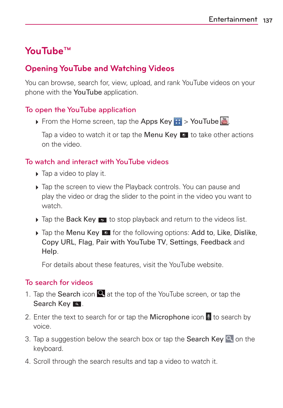 Youtube, Opening youtube and watching videos | LG LGVS840PP User Manual | Page 139 / 206