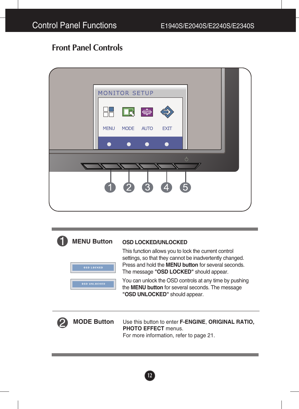 E1940s/e2040s/e2240s/e2340s, Control panel functions, Front panel controls | LG E1940S-PN User Manual | Page 13 / 39