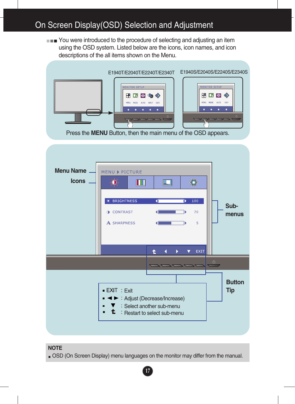 Menu, On screen display(osd) selection and adjustment | LG E1940S-PN User Manual | Page 18 / 39