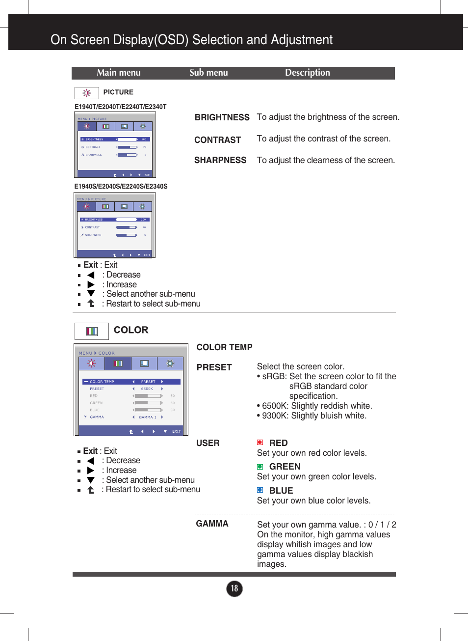 Picture, Color, On screen display(osd) selection and adjustment | LG E1940S-PN User Manual | Page 19 / 39