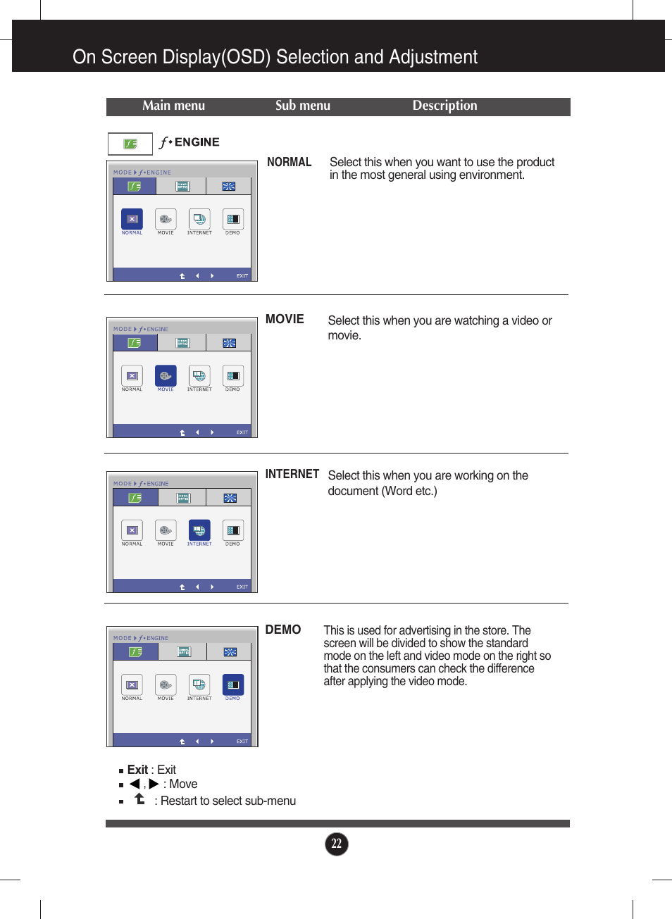 F-engine, On screen display(osd) selection and adjustment | LG E1940S-PN User Manual | Page 23 / 39