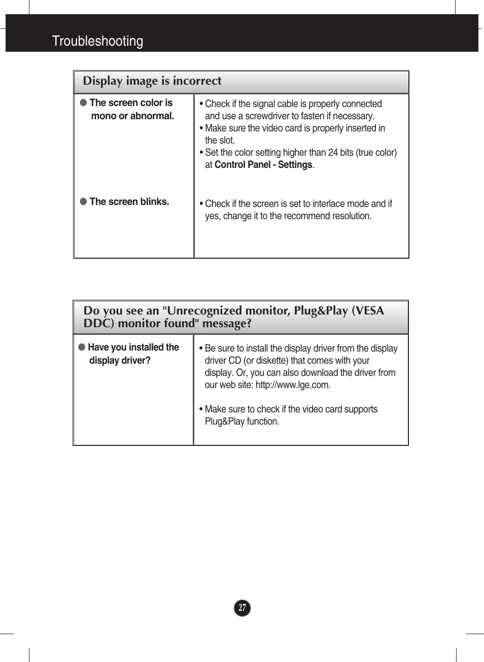 Troubleshooting | LG E1940S-PN User Manual | Page 28 / 39