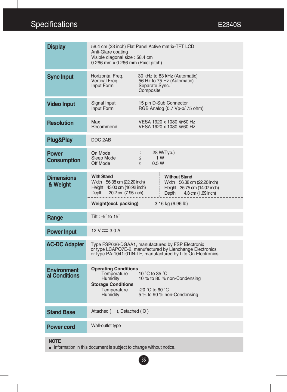 E2340s, Specifications | LG E1940S-PN User Manual | Page 36 / 39
