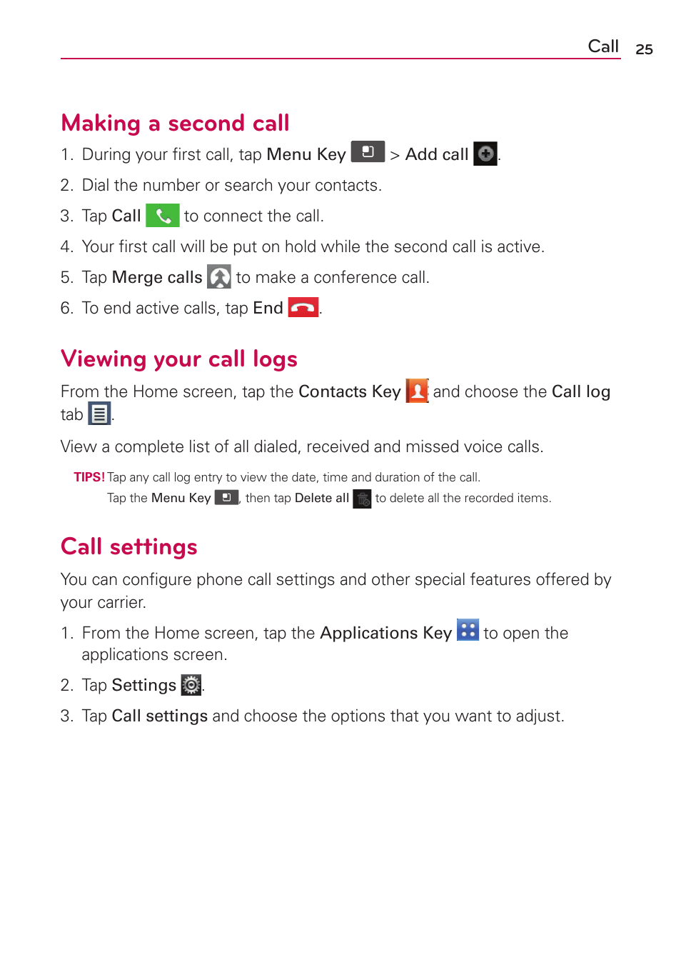 Making a second call, Viewing your call logs, Call settings | LG LGVS410PP User Manual | Page 27 / 86