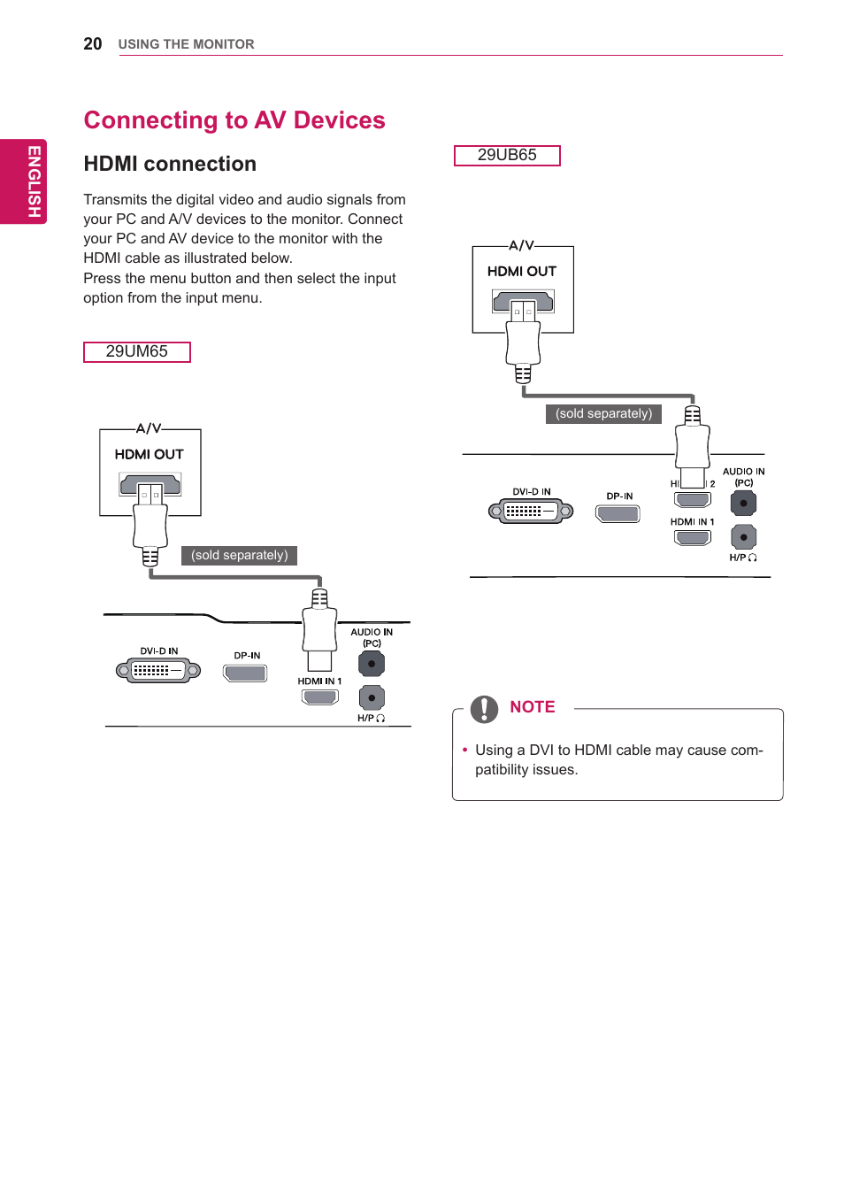 Connecting to av devices, Hdmi connection | LG 29UM65-P User Manual | Page 20 / 37