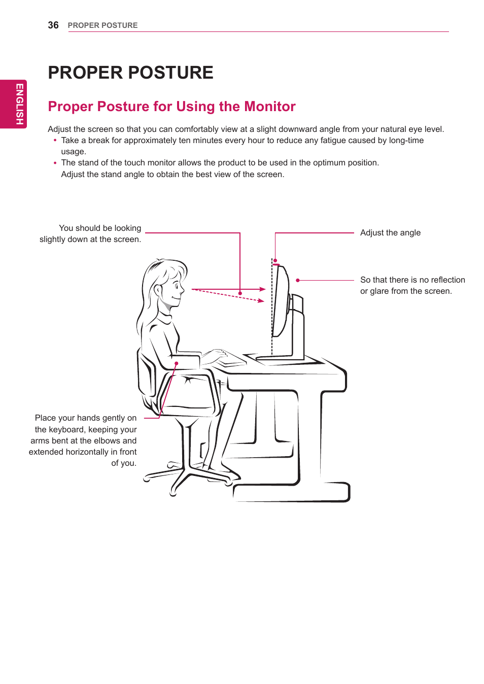 Proper posture, Proper posture for using the monitor | LG 29UM65-P User Manual | Page 36 / 37