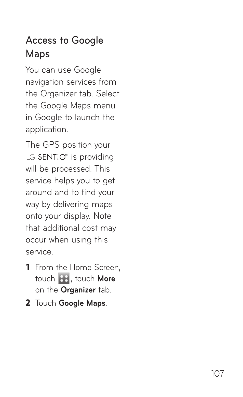 Access to google maps | LG GS505NV User Manual | Page 109 / 253