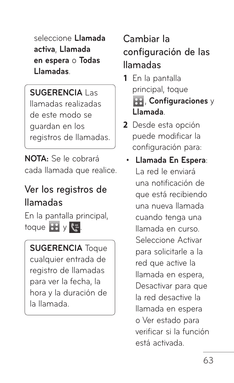 Ver los registros de llamadas, Cambiar la configuración de las llamadas | LG GS505NV User Manual | Page 184 / 253