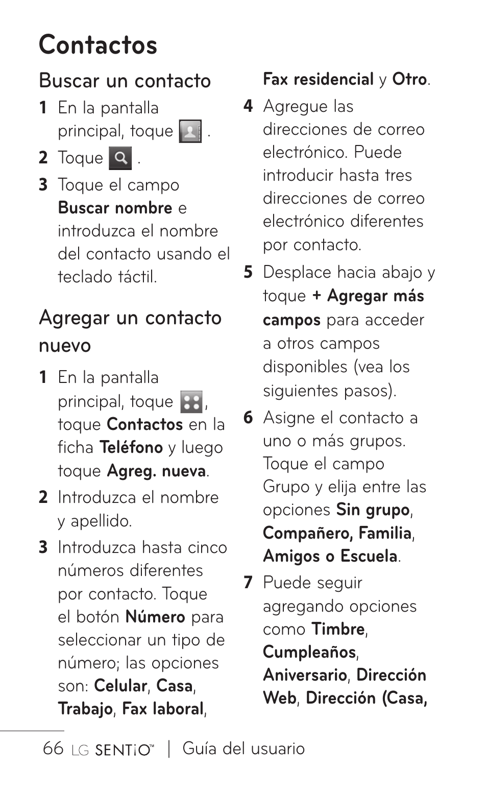 Contactos, Buscar un contacto, Agregar un contacto nuevo | LG GS505NV User Manual | Page 187 / 253