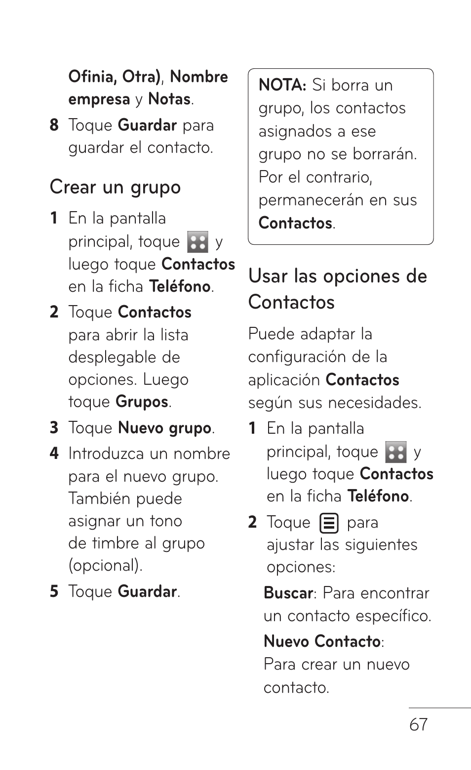 Crear un grupo, Usar las opciones de contactos | LG GS505NV User Manual | Page 188 / 253