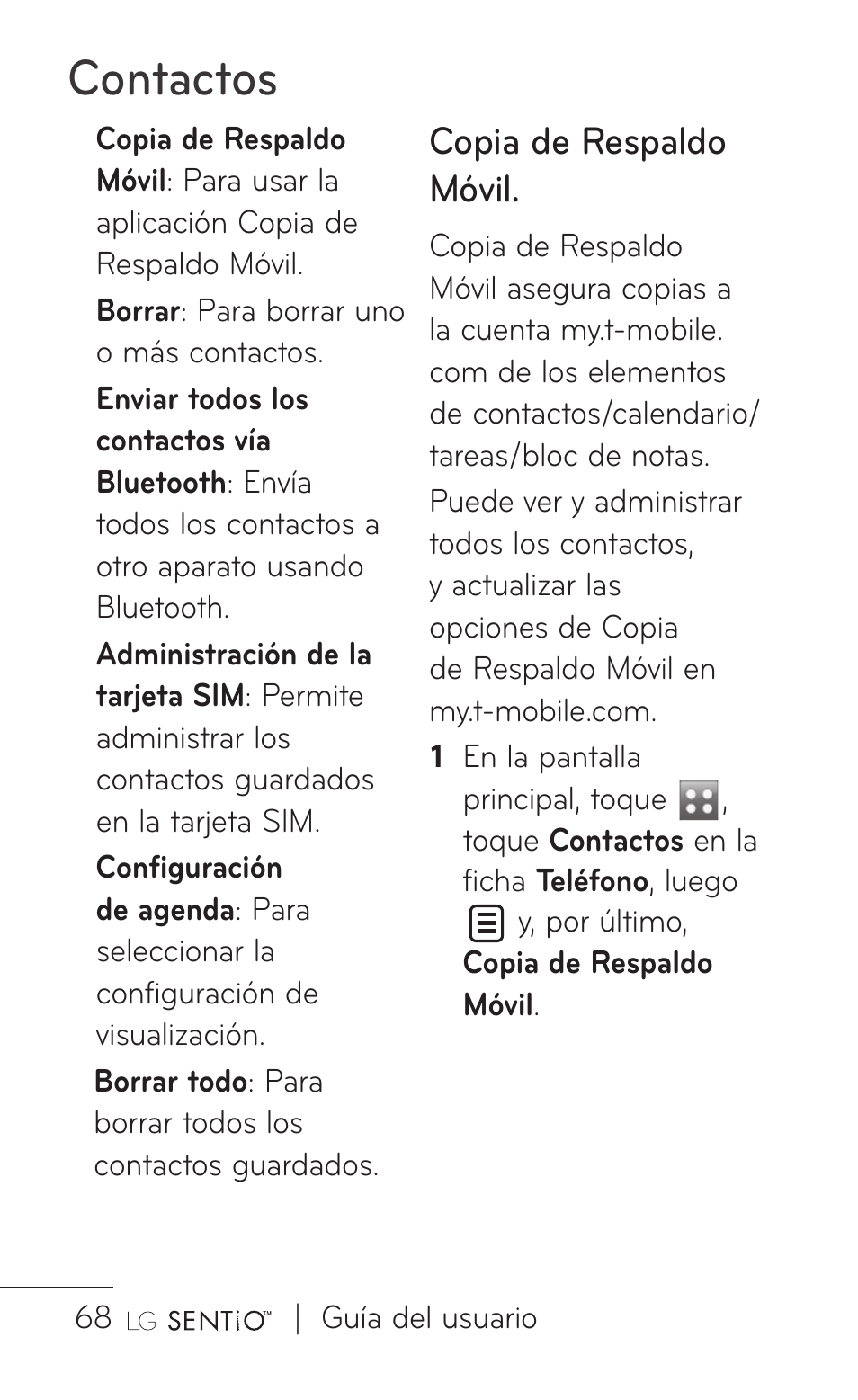 Contactos, Copia de respaldo móvil | LG GS505NV User Manual | Page 189 / 253