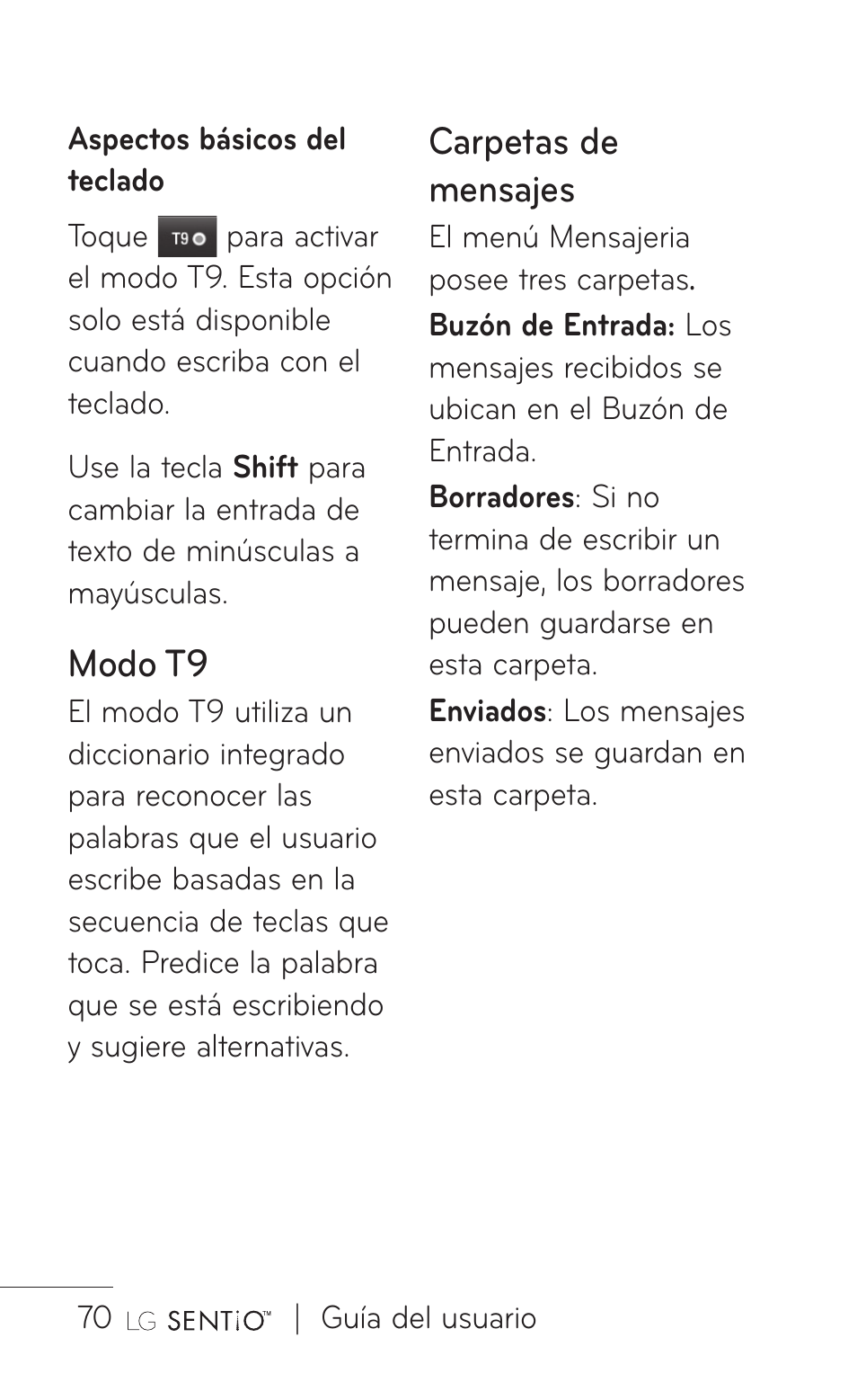 Modo t9, Carpetas de mensajes | LG GS505NV User Manual | Page 191 / 253