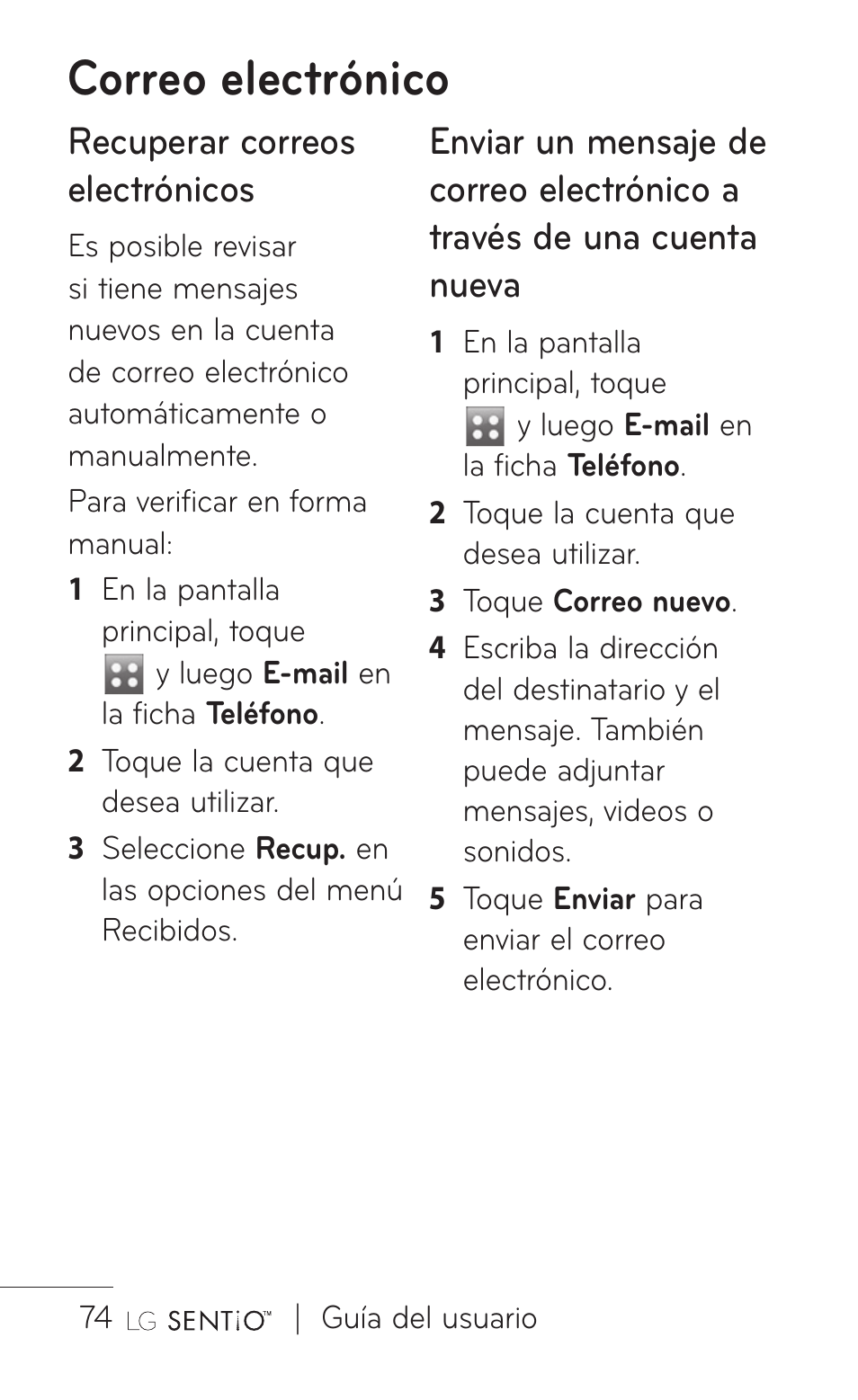 Correo electrónico, Recuperar correos electrónicos | LG GS505NV User Manual | Page 195 / 253