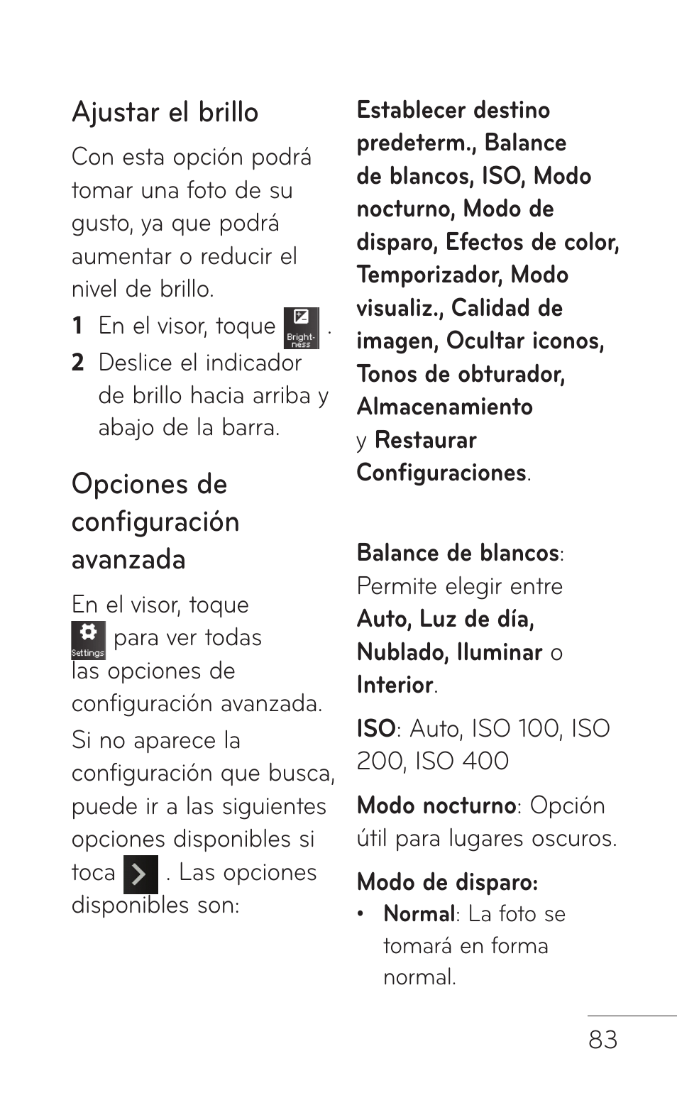 Ajustar el brillo, Opciones de configuración avanzada | LG GS505NV User Manual | Page 204 / 253