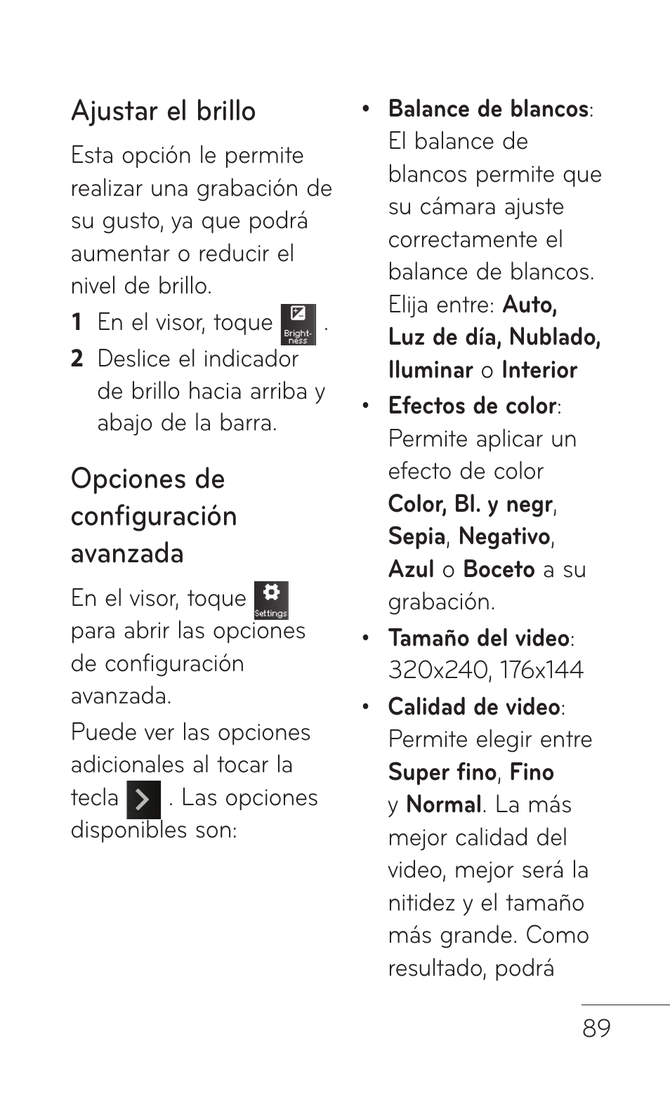 Ajustar el brillo, Opciones de configuración avanzada | LG GS505NV User Manual | Page 210 / 253