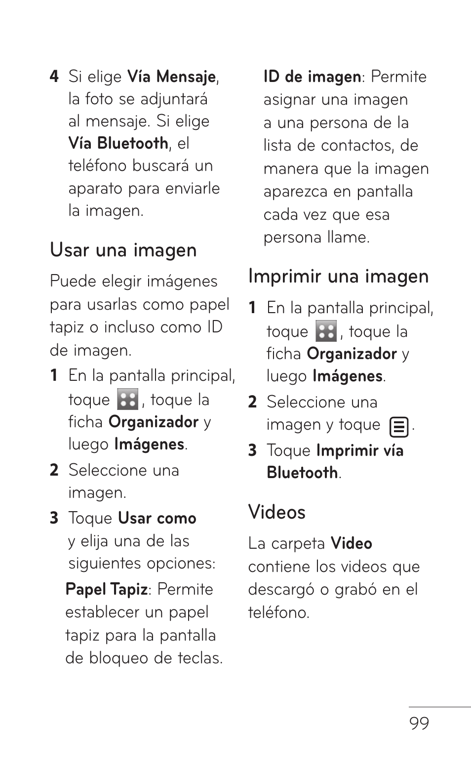 Usar una imagen, Imprimir una imagen, Videos | LG GS505NV User Manual | Page 220 / 253