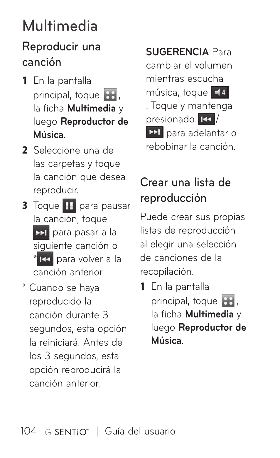 Multimedia, Reproducir una canción, Crear una lista de reproducción | LG GS505NV User Manual | Page 225 / 253