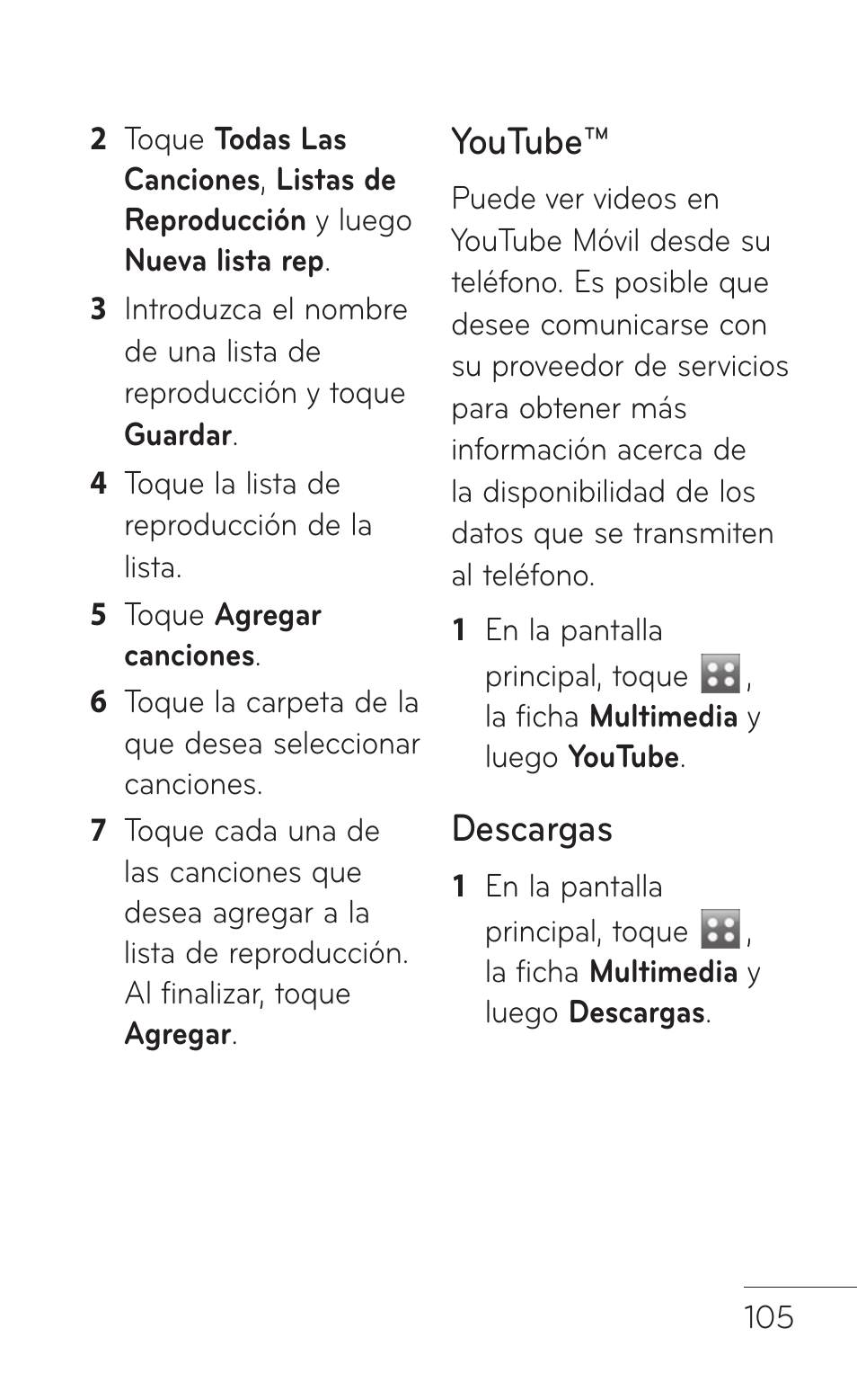 Youtube, Descargas | LG GS505NV User Manual | Page 226 / 253