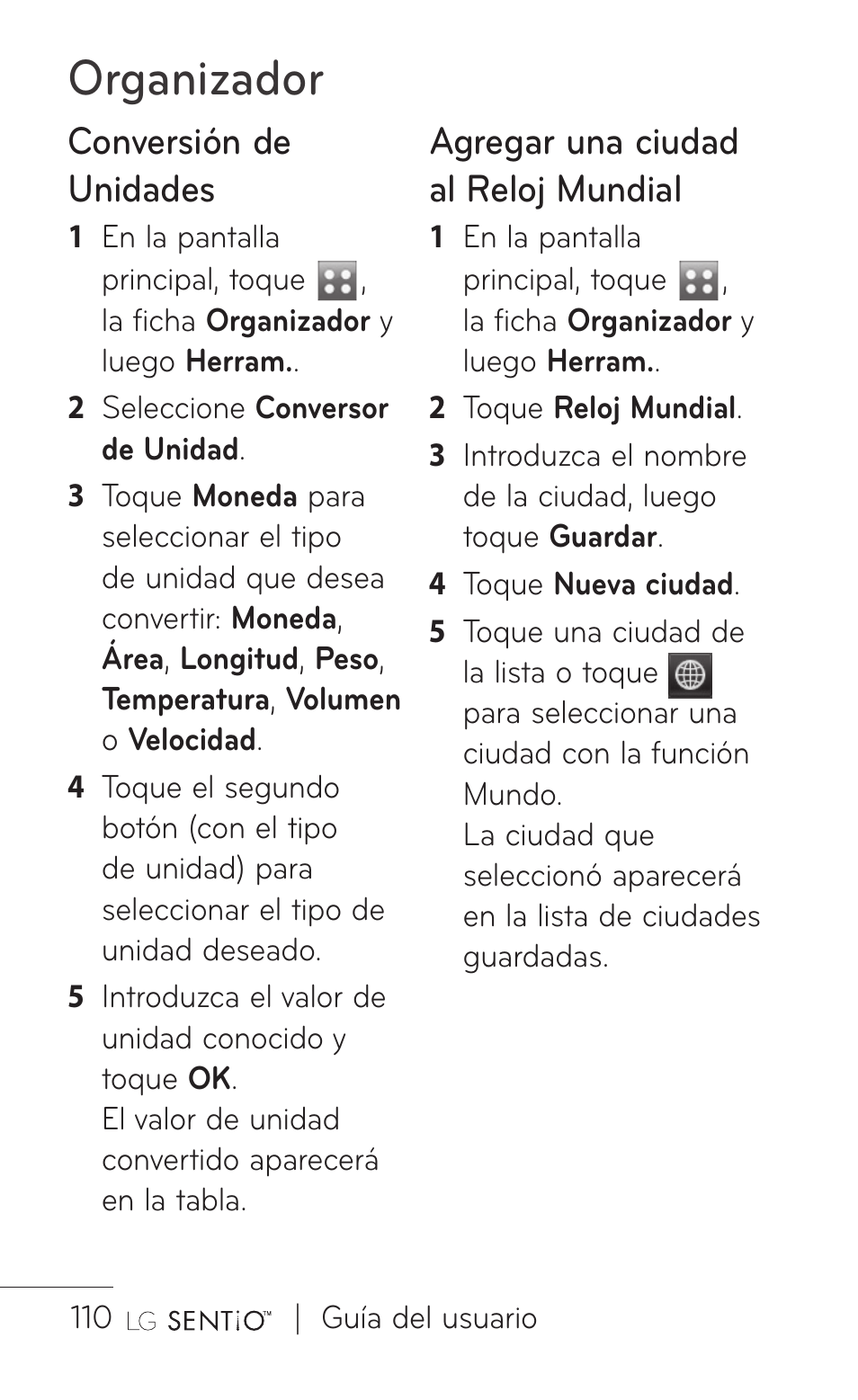 Organizador, Conversión de unidades, Agregar una ciudad al reloj mundial | LG GS505NV User Manual | Page 231 / 253