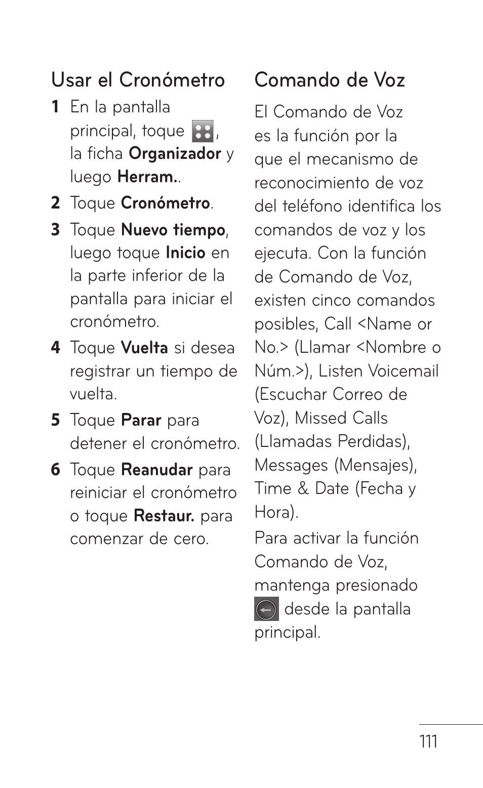Usar el cronómetro, Comando de voz | LG GS505NV User Manual | Page 232 / 253