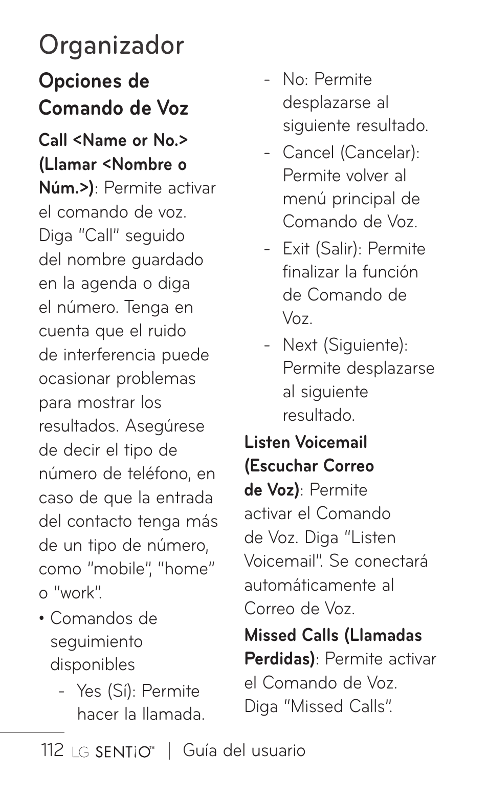 Organizador, Opciones de comando de voz | LG GS505NV User Manual | Page 233 / 253