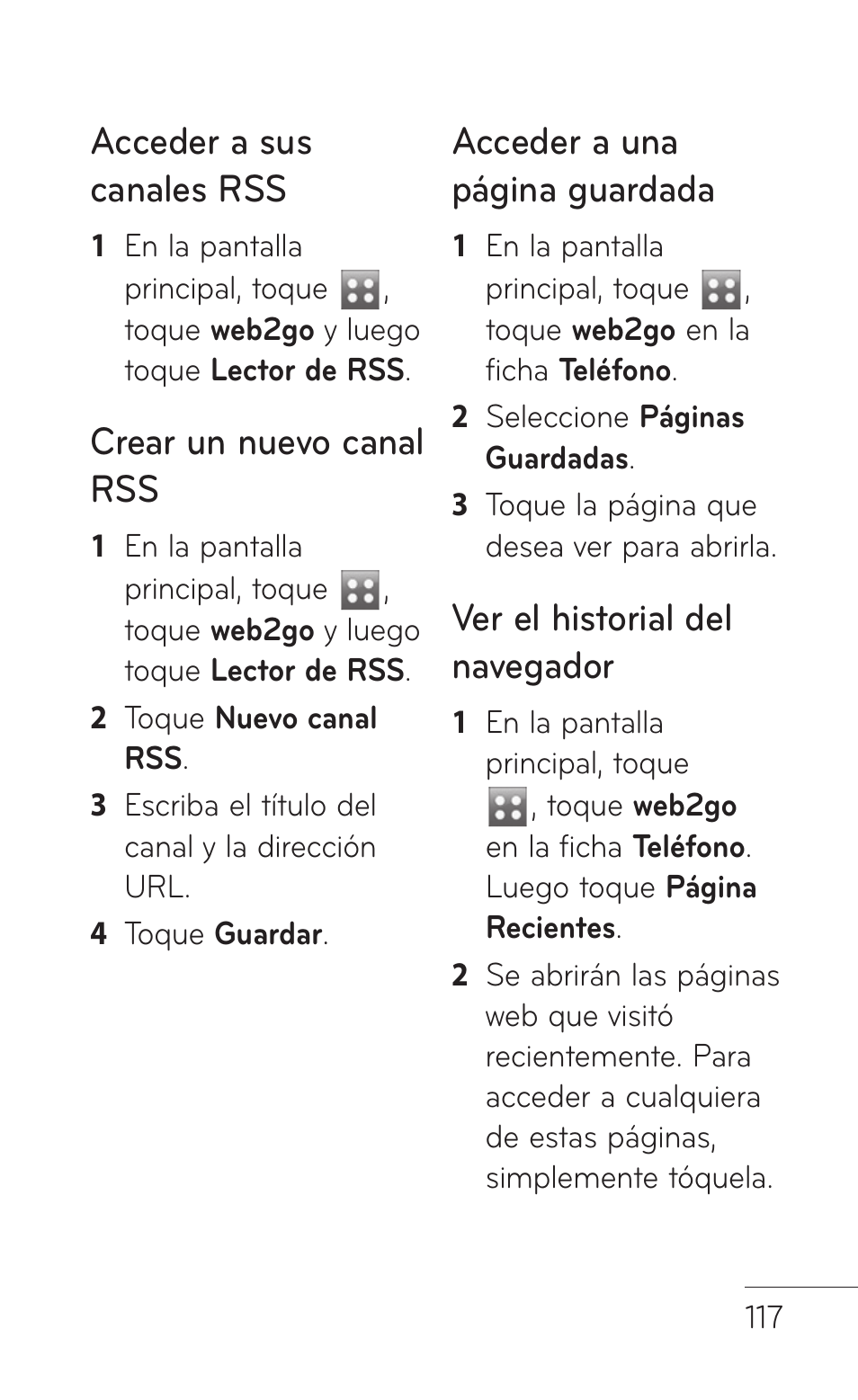 Acceder a sus canales rss, Crear un nuevo canal rss, Acceder a una página guardada | Ver el historial del navegador | LG GS505NV User Manual | Page 238 / 253