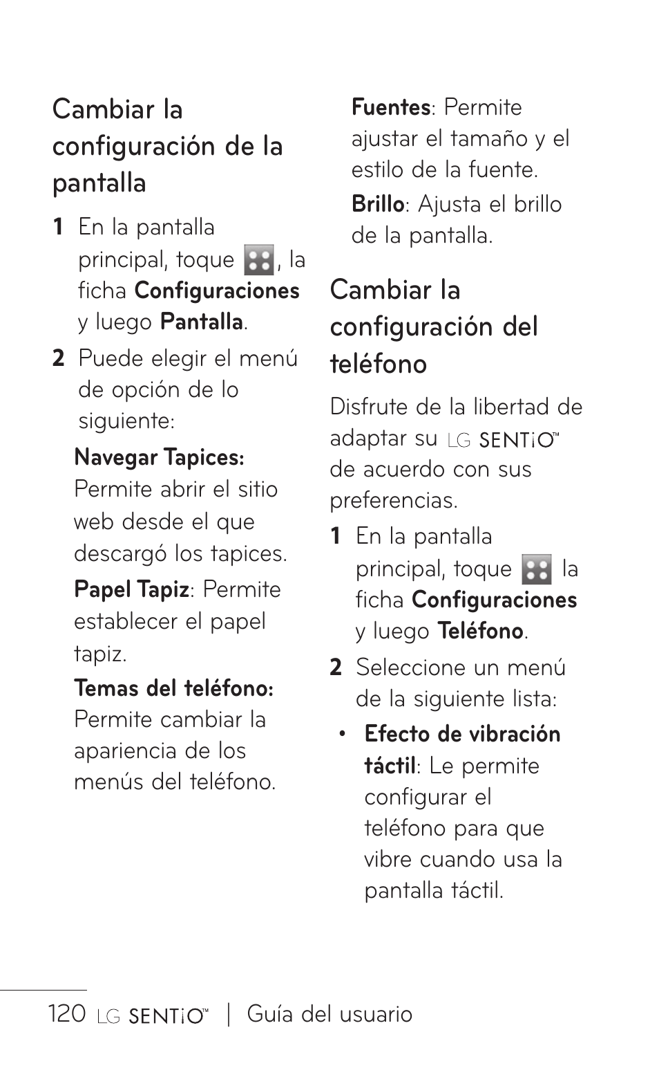 Cambiar la configuración de la pantalla, Cambiar la configuración del teléfono | LG GS505NV User Manual | Page 241 / 253