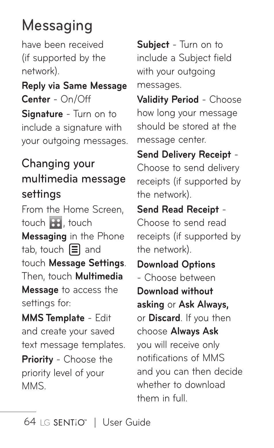 Messaging, Changing your multimedia message settings | LG GS505NV User Manual | Page 66 / 253
