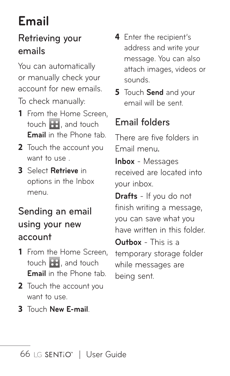 Email, Retrieving your emails, Sending an email using your new account | Email folders | LG GS505NV User Manual | Page 68 / 253