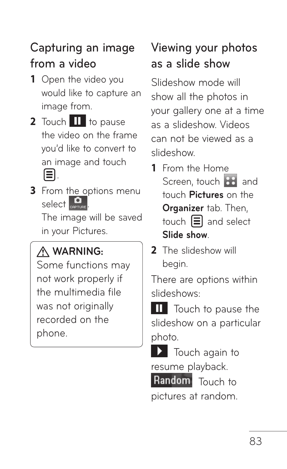 Capturing an image from a video, Viewing your photos as a slide show | LG GS505NV User Manual | Page 85 / 253