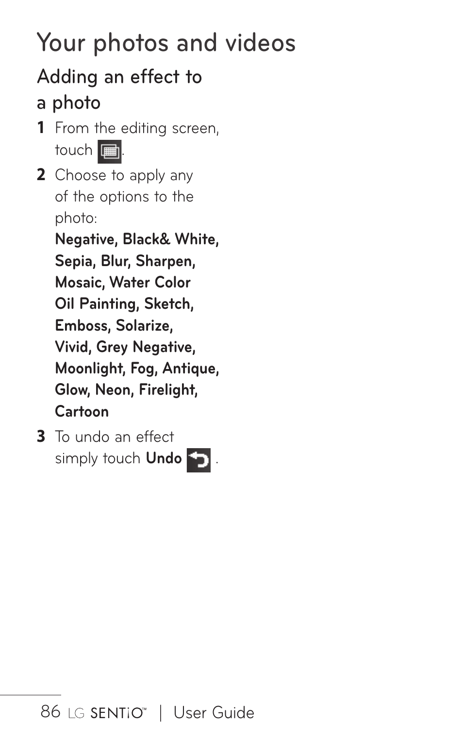 Your photos and videos, Adding an effect to a photo | LG GS505NV User Manual | Page 88 / 253