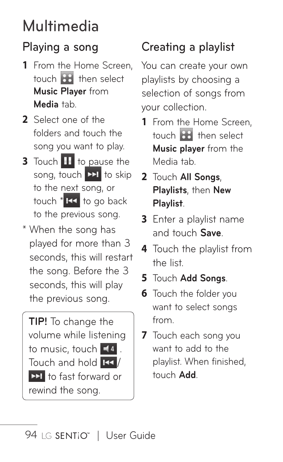 Multimedia, Playing a song, Creating a playlist | LG GS505NV User Manual | Page 96 / 253
