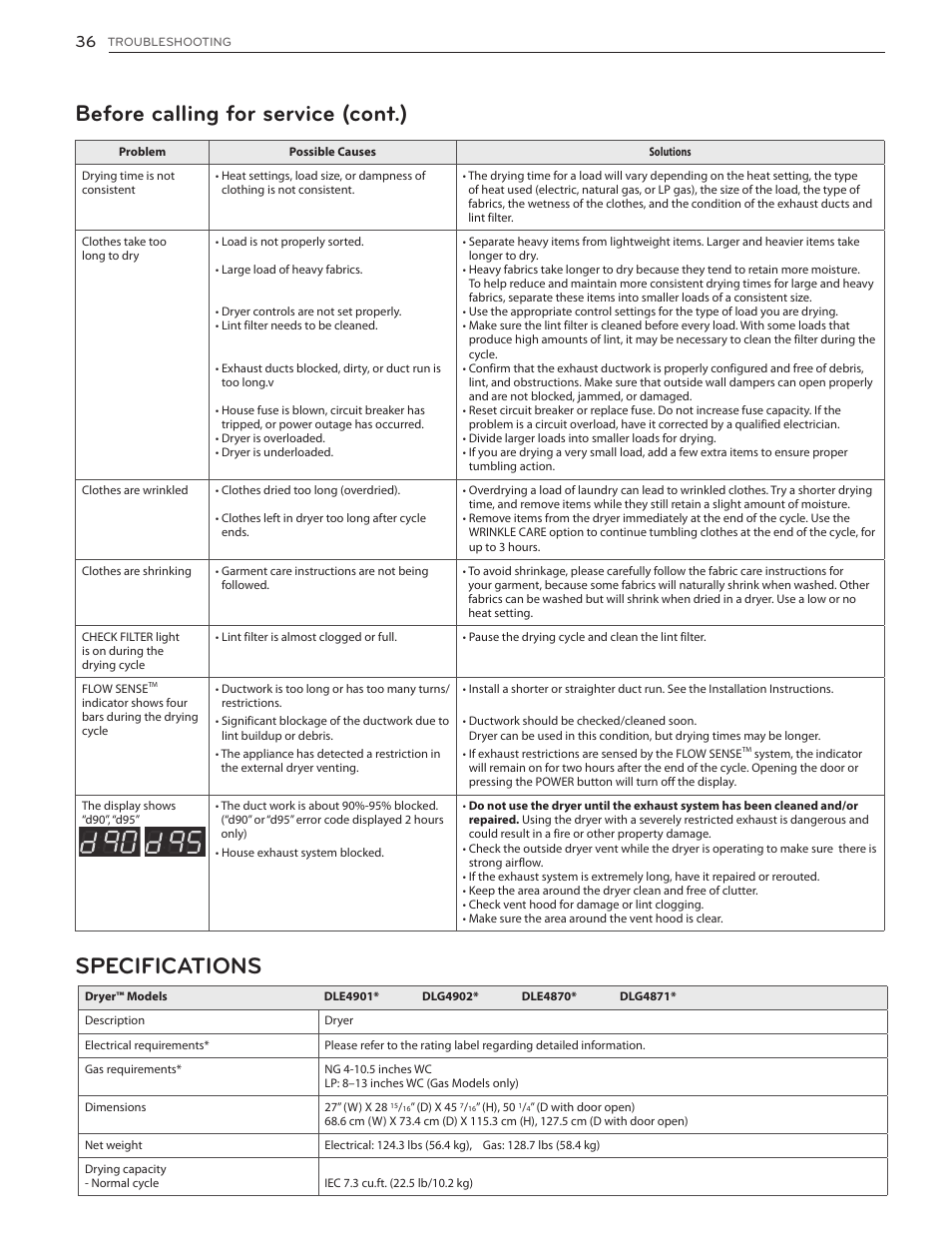 Before calling for service (cont.), Specifications | LG DLG4902W User Manual | Page 36 / 80