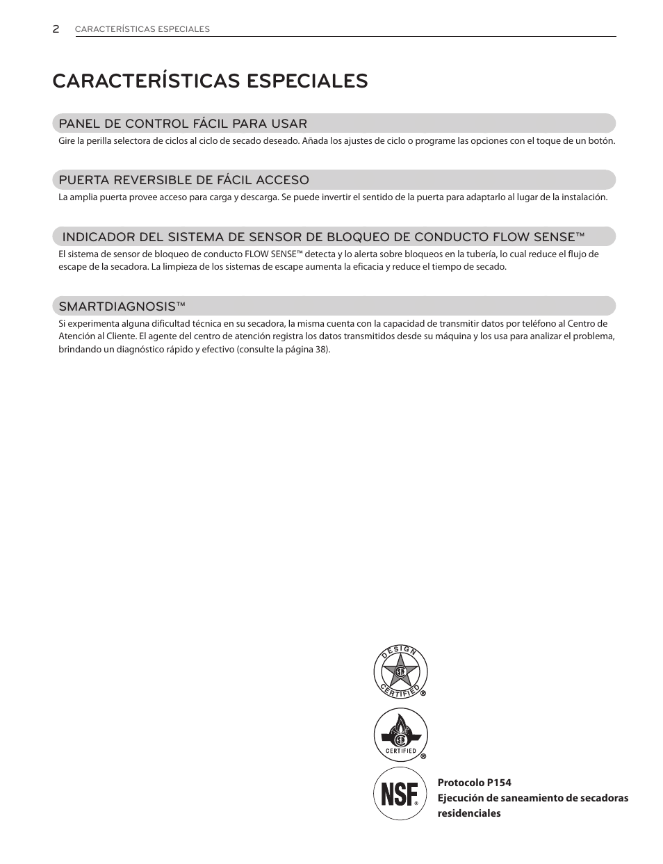 Características especiales, Panel de control fácil para usar, Puerta reversible de fácil acceso | Smartdiagnosis | LG DLG4902W User Manual | Page 40 / 80