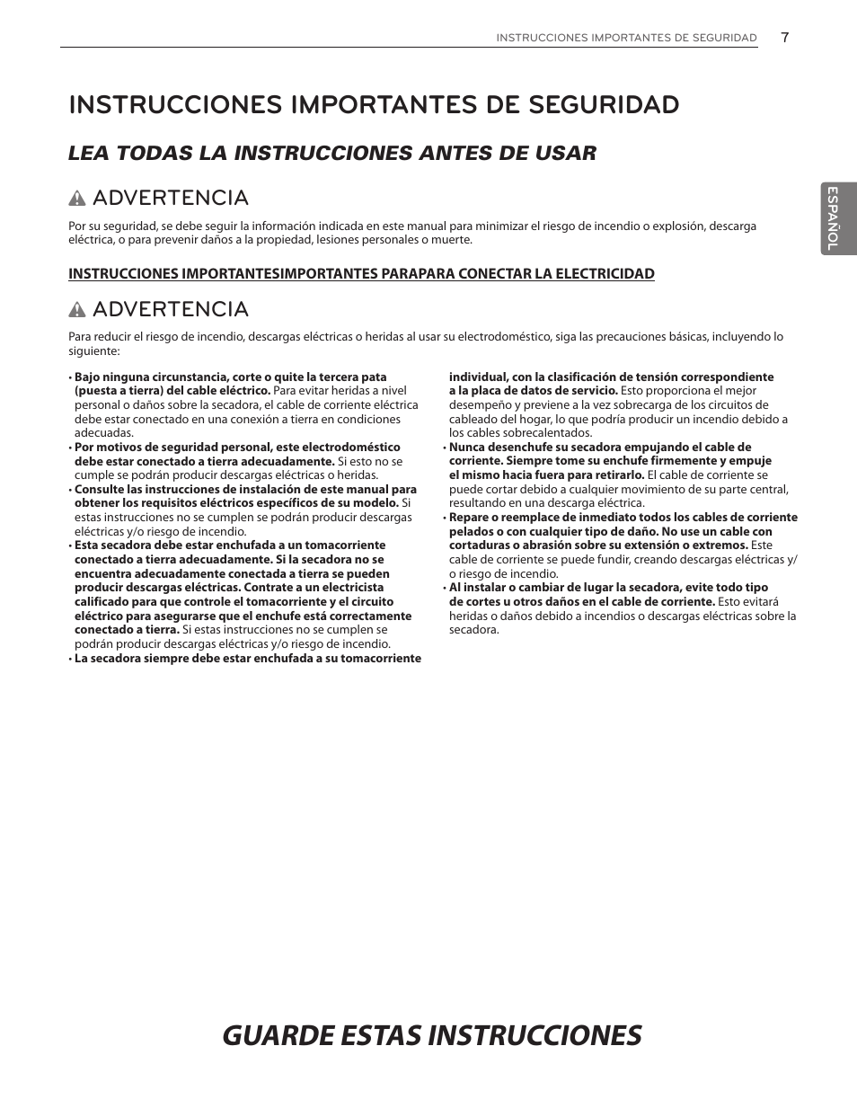 Instrucciones importantes de seguridad, Advertencia, Lea todas la instrucciones antes de usar | LG DLG4902W User Manual | Page 45 / 80