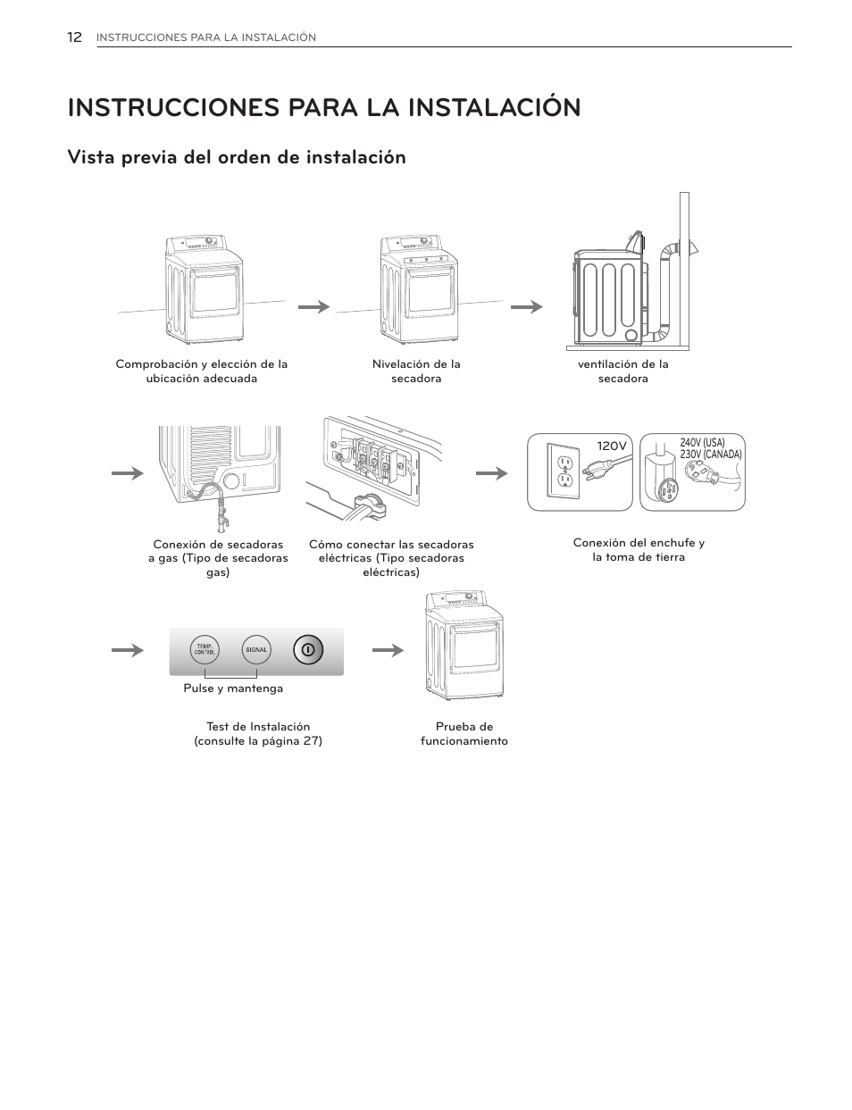 Instrucciones para la instalación, Vista previa del orden de instalación | LG DLG4902W User Manual | Page 50 / 80