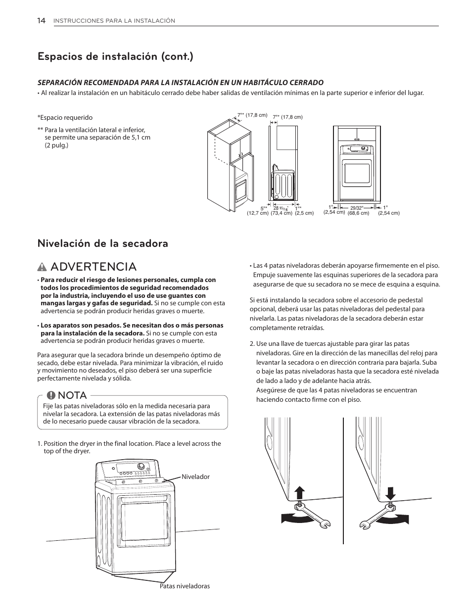 Advertencia, Nivelación de la secadora, Espacios de instalación (cont.) | Nota | LG DLG4902W User Manual | Page 52 / 80