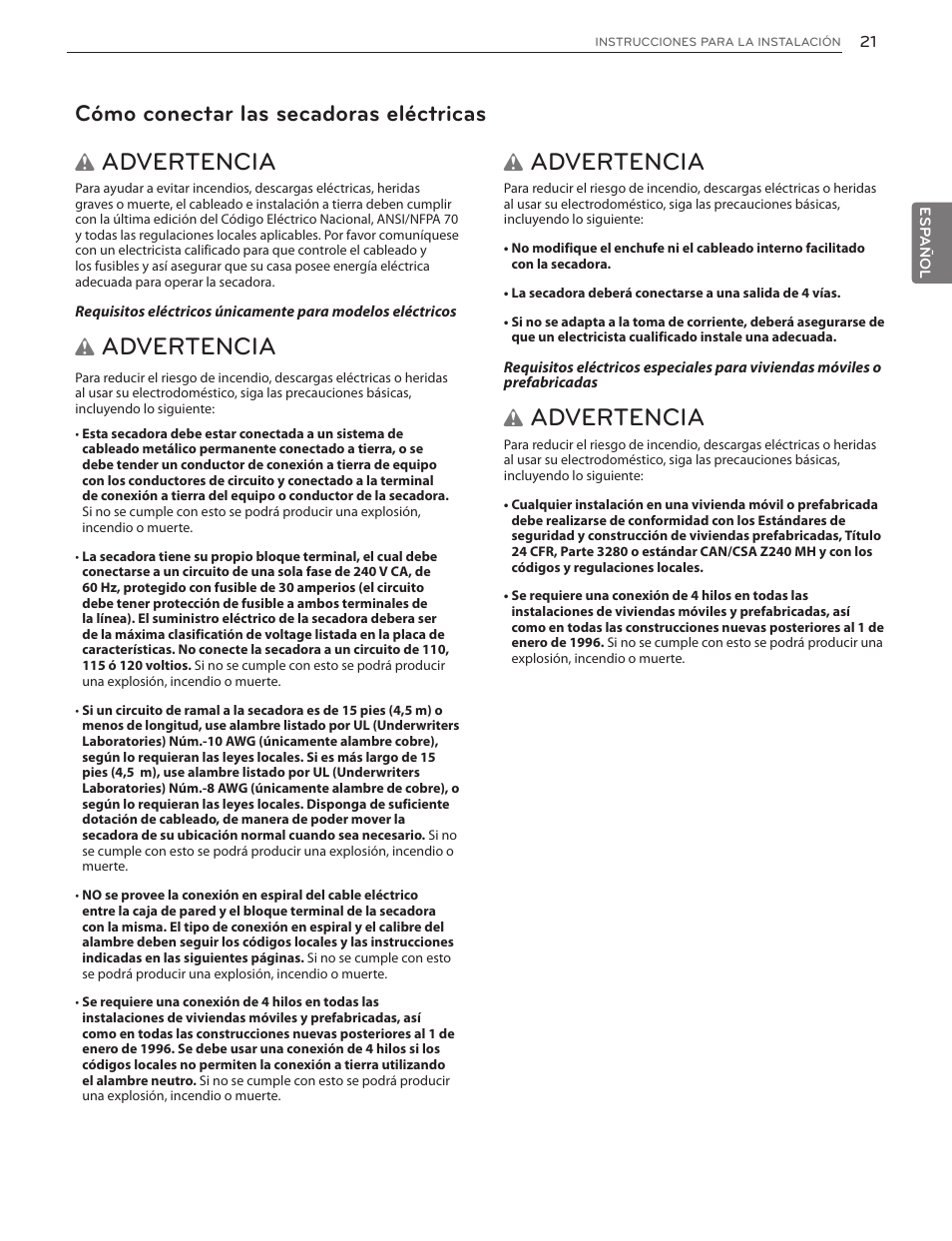 Advertencia, Cómo conectar las secadoras eléctricas | LG DLG4902W User Manual | Page 59 / 80