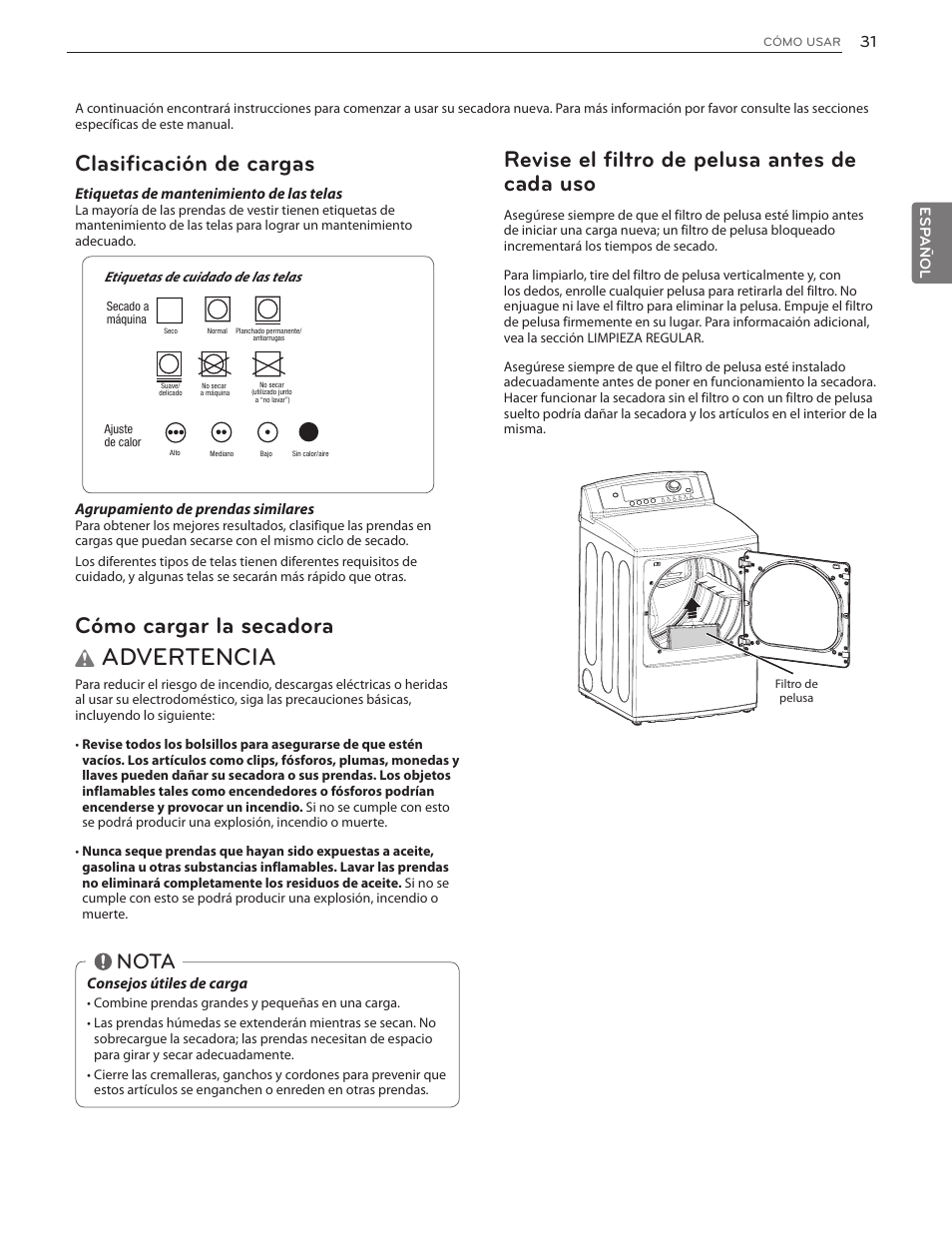 Advertencia, Revise el filtro de pelusa antes de cada uso, Clasificación de cargas | Cómo cargar la secadora, Nota | LG DLG4902W User Manual | Page 69 / 80