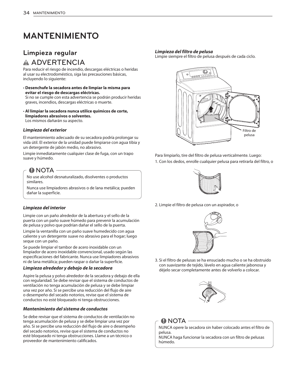 Mantenimiento, Advertencia, Limpieza regular | Nota | LG DLG4902W User Manual | Page 72 / 80