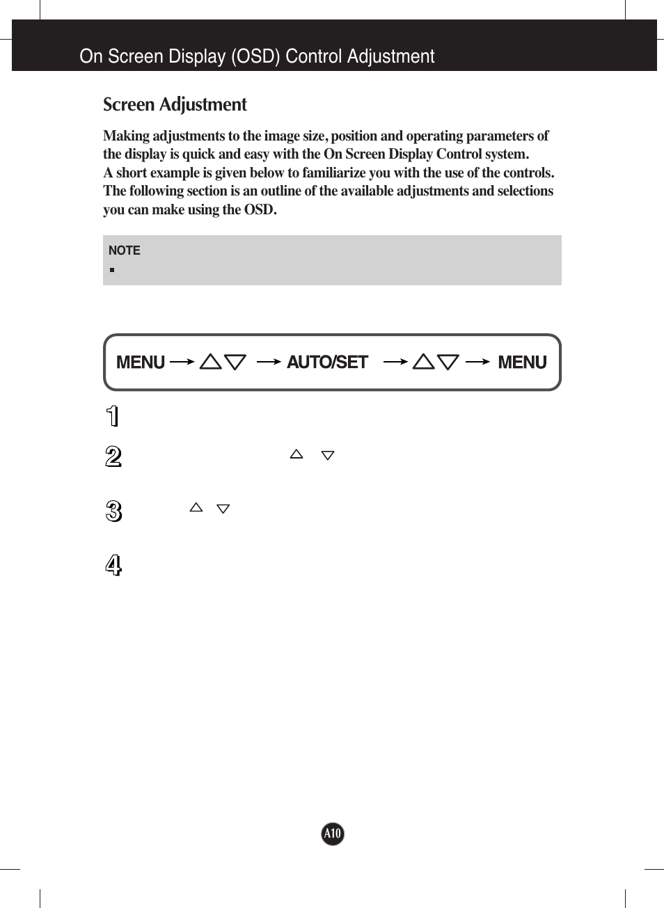 On screen display (osd) control adjustment, Screen adjustment | LG L1953T-BX User Manual | Page 11 / 26