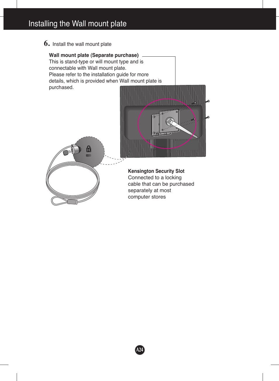 Installing the wall mount plate | LG L1953T-BX User Manual | Page 25 / 26