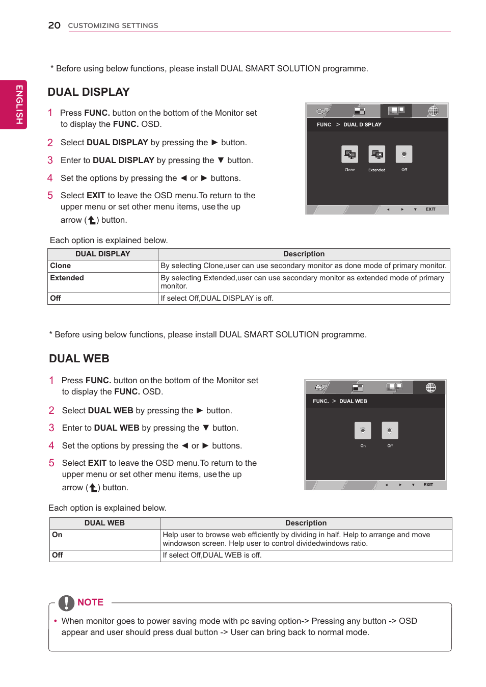 Dual display, Dual web | LG 20M35D-B User Manual | Page 20 / 36