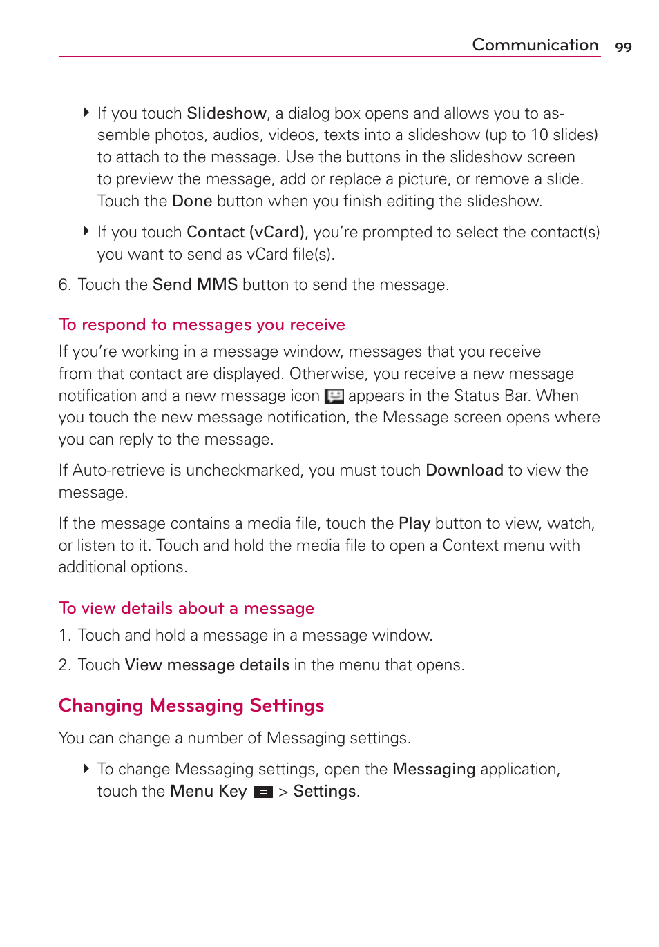 Changing messaging settings | LG MS770 User Manual | Page 101 / 190